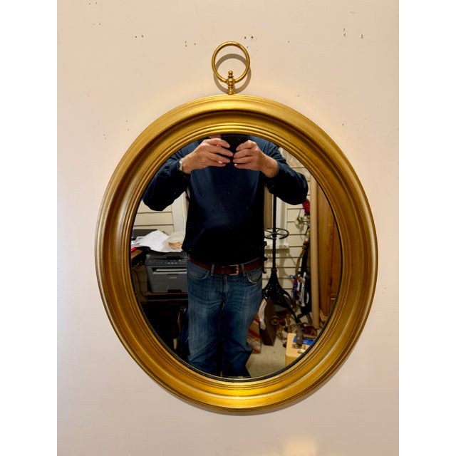 Vintage Oval Italian Giltwood Mirror With Brass Loop Finial For Sale - Image 10 of 11