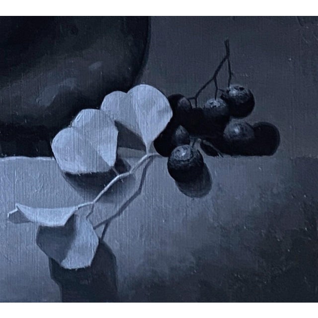 Abstract Achromatic by Blair Atherholt | Oil on Panel Still life of a black kettle with smoke and fruit For Sale - Image 3 of 5