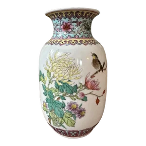 Vintage Chinese Polychrome Porcelain Vase With a Flowers & Bird