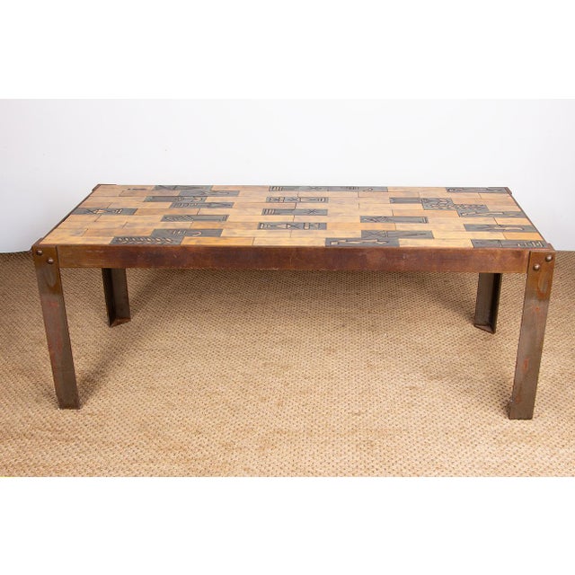 Red Coffee Table in Glazed Ceramic with Steel Base by Jean Garbero for Vallauris, 1950s For Sale - Image 8 of 16