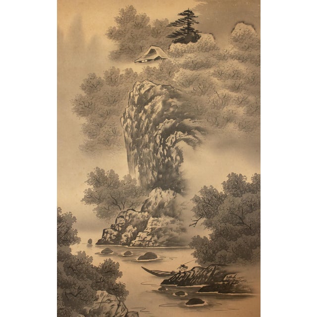 C. 1920 Taisho Era Japanese Silk Scroll Ink Landscape Painting For Sale - Image 4 of 18