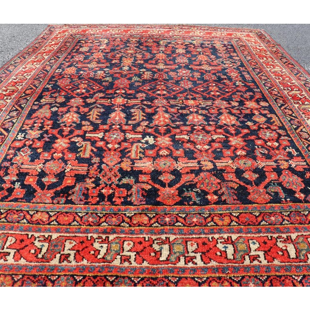 Blue Antique Kurdish Rug With Navy Blue Field, Red Tribal Motifs and Ivory Border 4'9 X 6'5 For Sale - Image 8 of 10