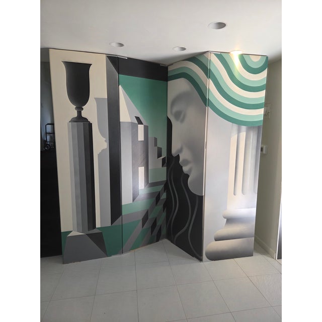 Vintage Post Modern Monumental Room Divider Folding Screen Art Deco Surrealist For Sale In Philadelphia - Image 6 of 18