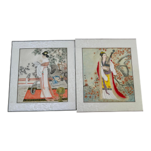 Late 20th Century Pair of Chinese Gongbi Watercolor Paintings – Court Ladies, Signed Wei Dong