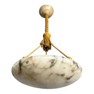 Antique Large White Alabaster & Black Veins Chandelier & Canopy With Rope, 1920 For Sale