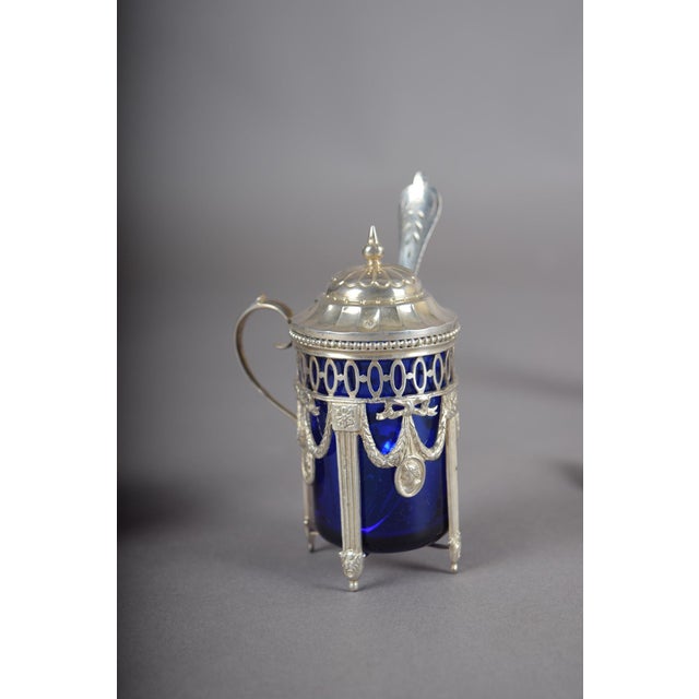 Antique Louis XVI Style Silver and Cobalt Blue Glass Condiment and Cruet Set with Spoons, 1990s, Set of 7 For Sale - Image 15 of 16