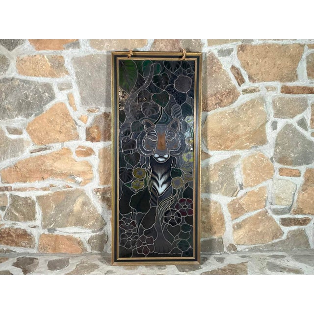 Glass 1970s Vintage Stained Glass Panel — Tiger in the Jungle For Sale - Image 7 of 7