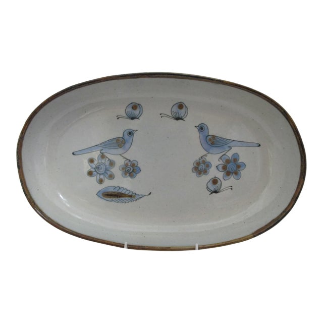 El Palomar Ken Edwards Blue Bird Tonala Mexico Pottery Oval Serving Bowl Platter For Sale