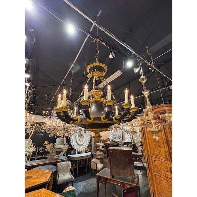 This 19th Century large scale French Empire style chandelier is crafted from Bronze featuring a striking Black and gold...