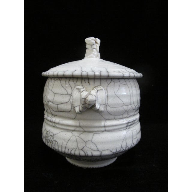 Rustic Raku Fired Crackle Glaze Studio Art Pottery Lidded Vessel Jar Signed For Sale - Image 3 of 10