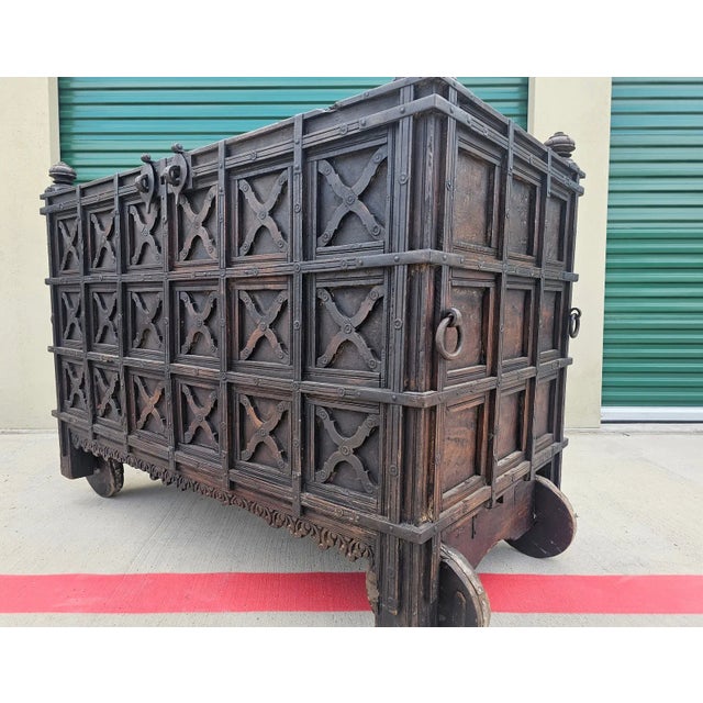Monumental 19th Century India Iron Strapped Teakwood Damchiya Dowry Chest For Sale - Image 9 of 12