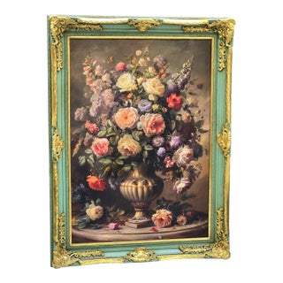 Pastel French Rococo Floral Artwork – Sage Green Frame With Ornate Gold Leaf Details For Sale