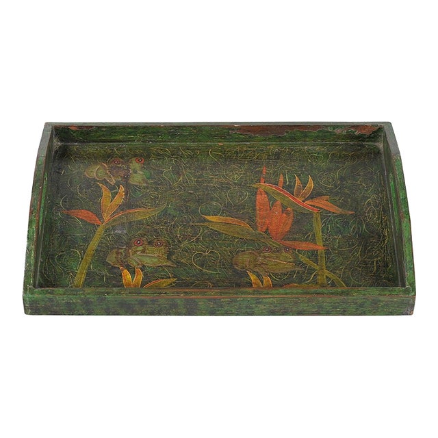 Vintage 18” Long Large Wooden Tray With Floral Hand Painting For Sale