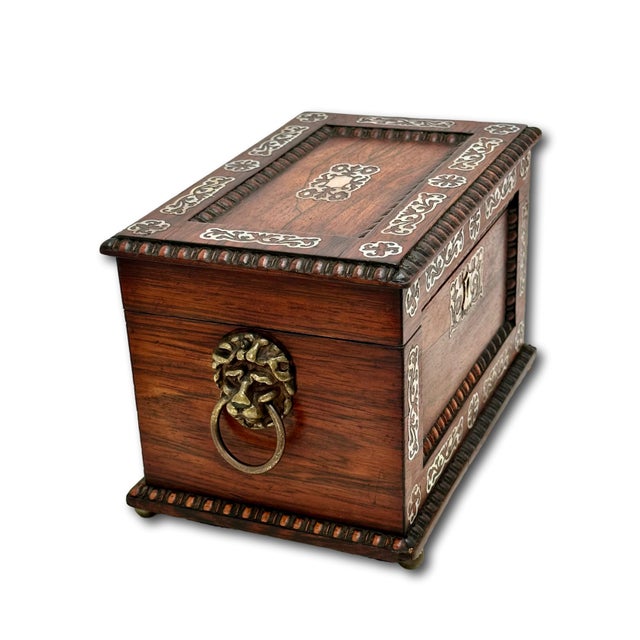 Outstanding Antique Victorian Rosewood Veneer Tea Caddy Box With Fancy Abalone Inlay Features - Circa 1870s For Sale - Image 13 of 18