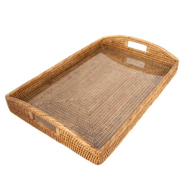 Artifacts Rattan Rectangular Tray with Glass Insert in Honey Brown - 21" For Sale In Houston - Image 6 of 6