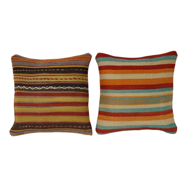 Striped Turkish Kilim Pillow - A Pair For Sale