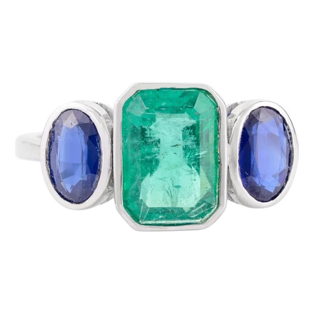 Unique Blue Sapphire and Emerald Wedding Ring for Her Size 5.5 For Sale