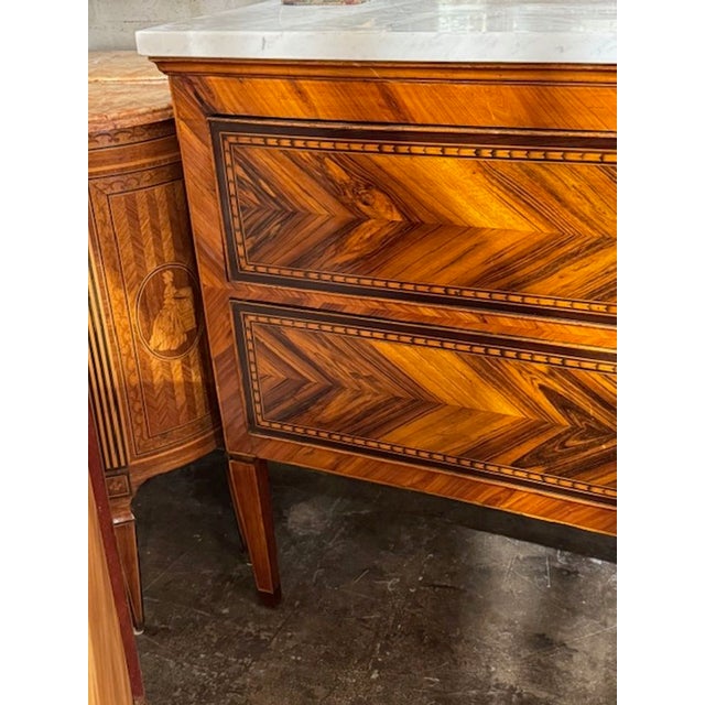 19th Century Neo-Classical Inlaid Walnut Commode With Marble Top For Sale - Image 4 of 8