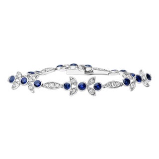 18K White Gold 1 3/4 Cttw Diamond and 3x3mm Round Blue Sapphire Gemstone Floral Link Bracelet (G-H Color, SI1-SI2 Clarity) - Size 7" For Sale