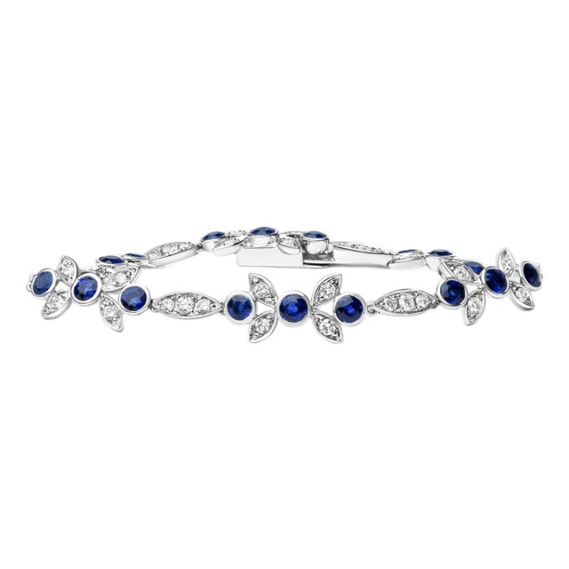 18K White Gold 1 3/4 Cttw Diamond and 3x3mm Round Blue Sapphire Gemstone Floral Link Bracelet (G-H Color, SI1-SI2 Clarity) - Size 7" For Sale