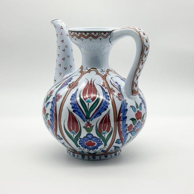 Handmade Ceramic Ewer Vase (20cm) Traditional Segmented Body Design with Spout & Handle – Turkish Pitcher Art Decor For Sale - Image 4 of 8