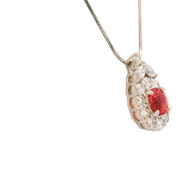 1.32 Carat Padparadscha Sapphire Diamond Platinum Halo Pendant Necklace, Gia For Sale - Image 4 of 9
