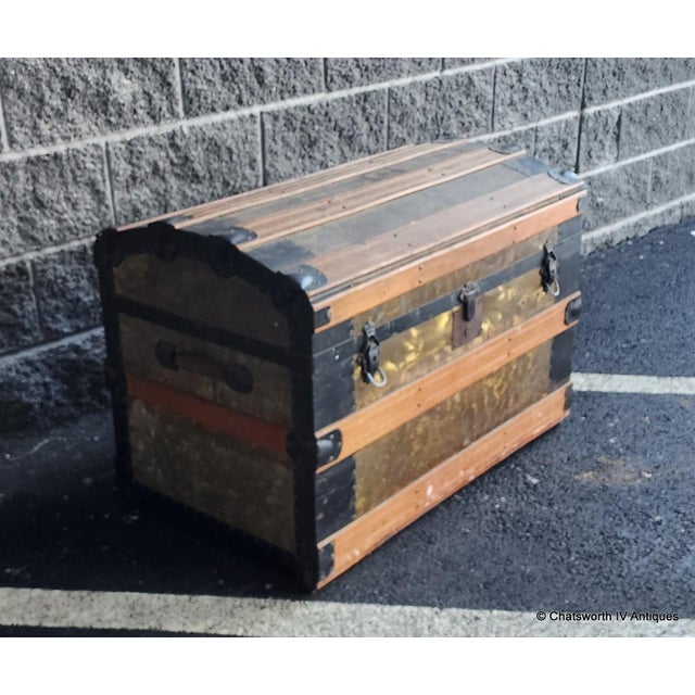 Antique Victorian Era Metal & Wooden Strap Steamer Dome Top Travel Trunk Chest , 1890s For Sale - Image 10 of 12