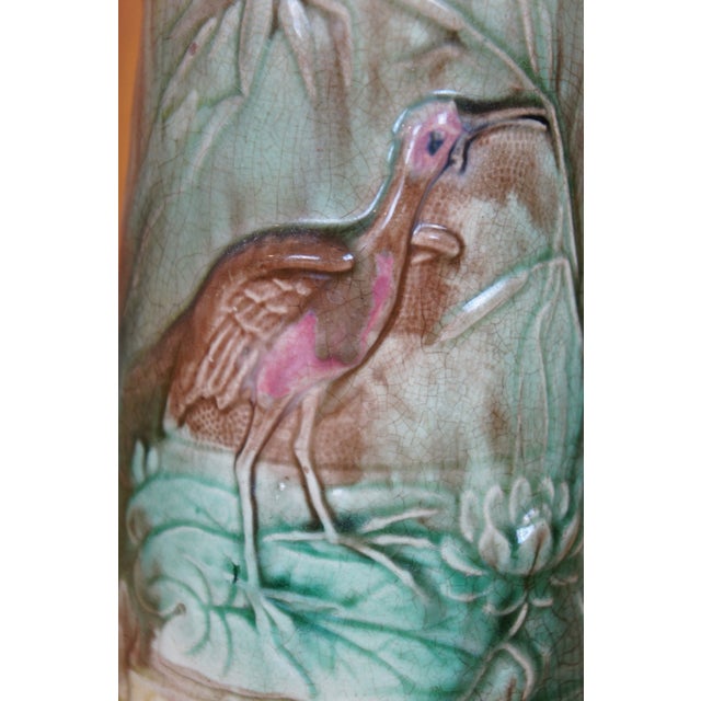 Antique Majolica Heron Crane Stork Bird Water Lily Creamer Pitcher Jug For Sale - Image 6 of 12