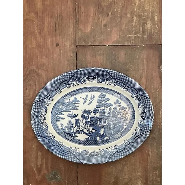 Ceramic Vintage Chinese Blue Willow Ceramic Platter For Sale - Image 7 of 12