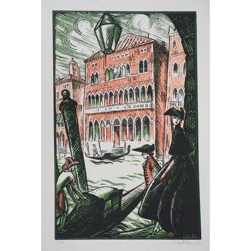 Robert Bonfils, Gondolas on the Grand Canal in Venice, Original Wood Engraving, 1923 For Sale - Image 7 of 7
