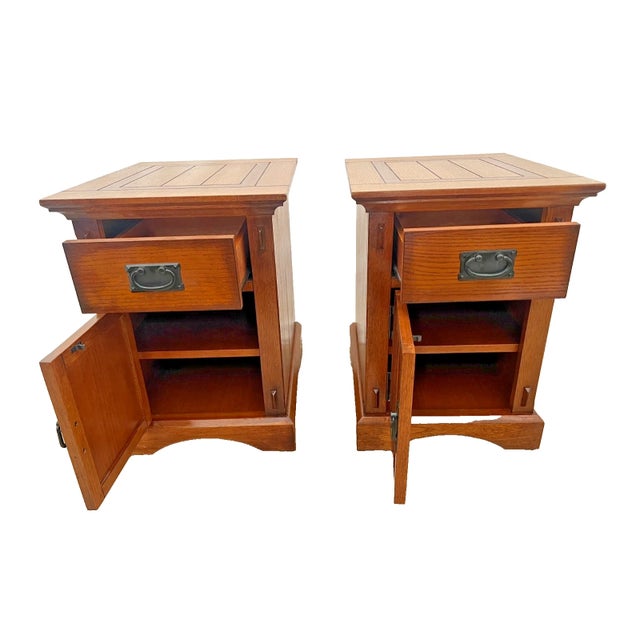 Arts & Crafts 1990s Arts and Crafts Mission Style Side Tables Nightstands Drawer, Cabinet With Shelf, A Pair For Sale - Image 3 of 13