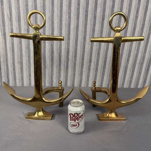 Pair of Mid-Century Brass Anchor Andirons For Sale - Image 4 of 8