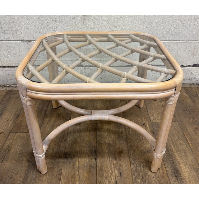 Vintage MCM Style Organic Coastal Rattan Bamboo Glass End Table or Nightstand For Sale - Image 10 of 10