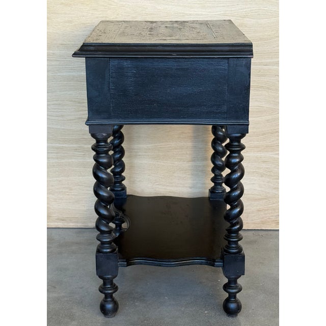 1900-1909 Dark Walnut Carved Spanish Nightstands With Solomonic Legs and Low Shelve For Sale - Image 10 of 15