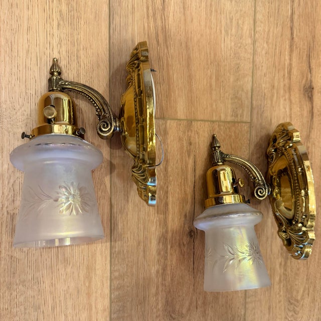 Art Nouveau Vintage Pair of Brass Sconces With Iridescent Etched Shades For Sale - Image 3 of 4