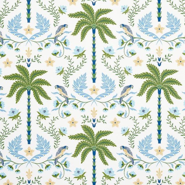 Sample - Schumacher Island Palm Indoor/Outdoor Fabric in Blue & Green For Sale