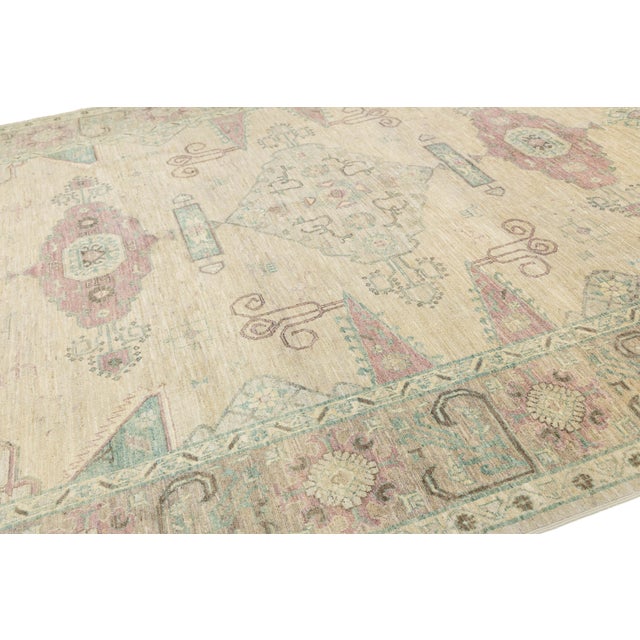 Hand-Knotted Serapi-Inspired Modern Wool Rug in Muted Pastels and Sand 11x13 For Sale - Image 4 of 9