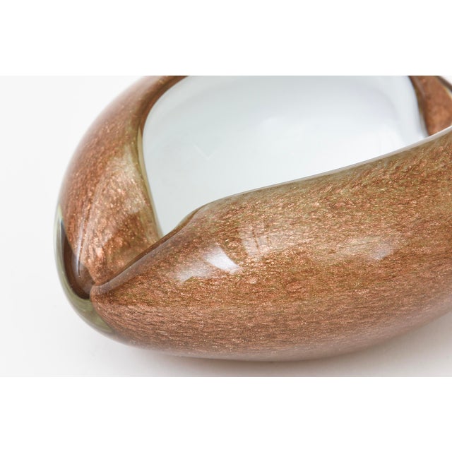 Copper Vintage Murano Style White Cased Copper and Gold Aventurine Murano Cinched Bowl or Ashtray 60's For Sale - Image 8 of 12
