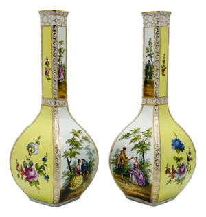 Porcelain Vases with Yellow Ground and Watteau Scenes from Helena Wolfsohn Dresden, 1875, Set of 2