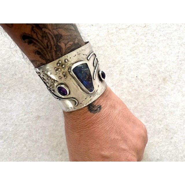 1970s 1970s Brutalist Sterling Silver Cuff Bracelet With Gem Stones For Sale - Image 5 of 6