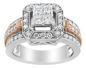 14K White and Rose Gold 1 1/8 Cttw Princess and Round-Cut Diamond Art Deco Style Triple Shank Halo C