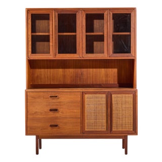 Jack Cartwright for Founders Mid Century Walnut and Cane Credenza With Hutch For Sale