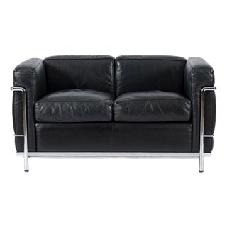 Authentic Cassina Lc2 Black Leather Two-Seat Sofa by Le Corbusier 1994 For Sale