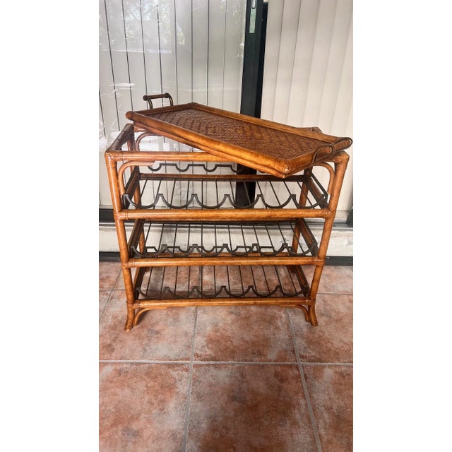 Wood 1990s Maitland-Smith Rattan & Bamboo Bar Cart / Wine Rack With Removable Tray For Sale - Image 7 of 12