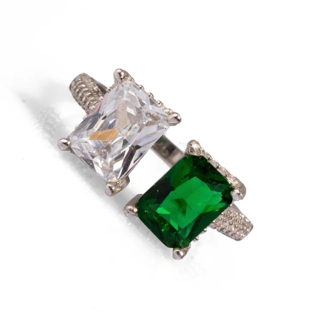 Emerald & Diamond Design Sterling Silver Statement Ring, Size 5 For Sale In Miami - Image 6 of 7