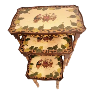 Vintage Whimsical Monkey Leopard Faux Bamboo Palm Beach Regency Nesting Tables Set 3
