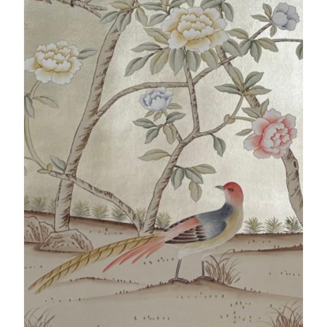 Chinoiserie Silver Leaf Chinoiserie Hand-Painted Floral & Bird Wall Panels (Set of 2) For Sale - Image 3 of 4