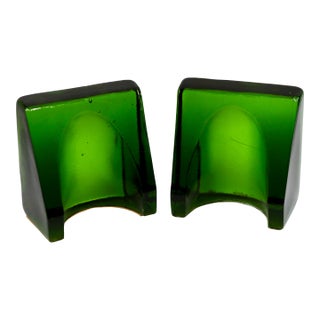 1960's Shovel Wedge Green Glass Bookends Attributed to Blenko by Wayne Husted-a Pair For Sale