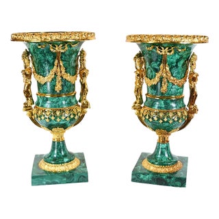 French Empire Malachite Urns, Set of 2 For Sale