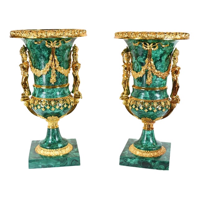 French Empire Malachite Urns, Set of 2 For Sale